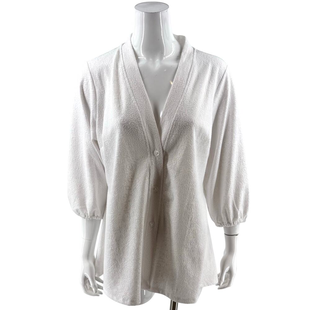 Isaac Mizrahi Live Womens Top Size Large White Textured Button Up V Neck